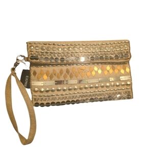Express Tan, Gold, and Silver Clutch Wristlet, Metallic Accents, NWT